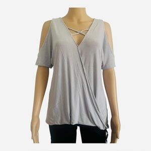 Soft & Sexy striped light gray white top shirt M cold shoulder crossed stripes